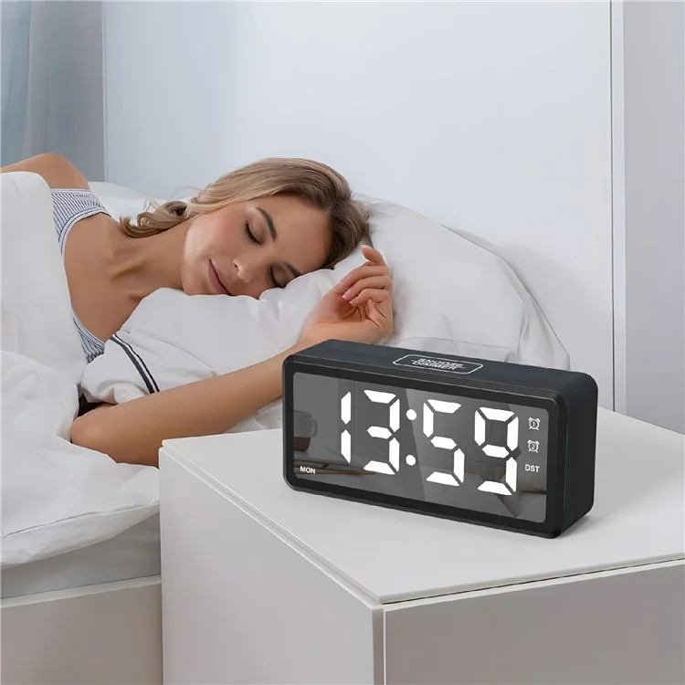 EN8839-A Wood Grain Digital Clock Large Characters Mirror Surface Daylight Saving Time Alarm Clock - Black