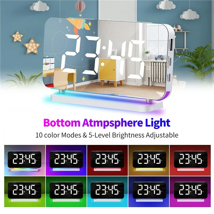 EN8853A-RGB Farbige Nachtbeleuchtung mit Spiegeloberfläche, RGB-LED-Elektronik-Wecker - Elfenbeinweiß