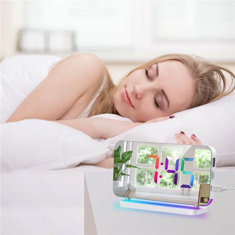 EN8853A-RGB Farbige Nachtbeleuchtung mit Spiegeloberfläche, RGB-LED-Elektronik-Wecker - Elfenbeinweiß