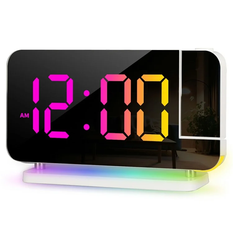 EN8853B Mirror Display RGB Digital Alarm Clock with Adjustable Brightness and Dynamic Color Modes - White