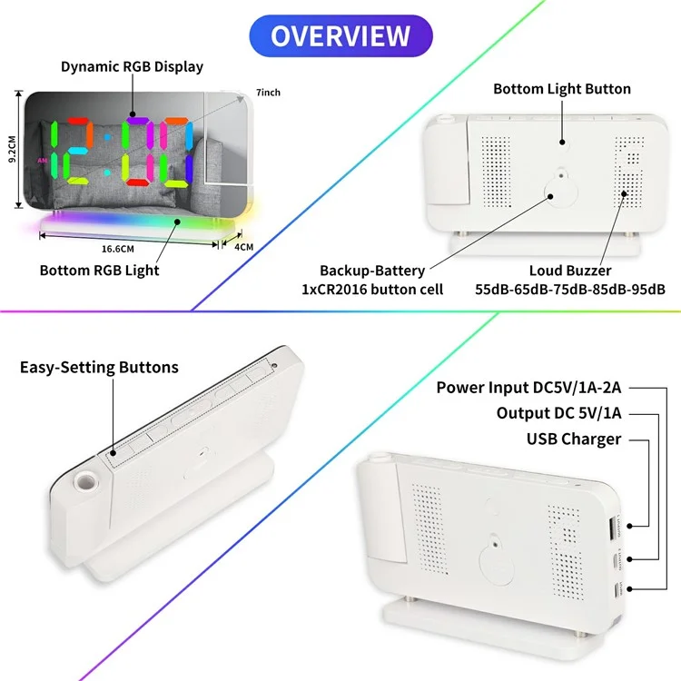 EN8853B Mirror Display RGB Digital Alarm Clock with Adjustable Brightness and Dynamic Color Modes - White