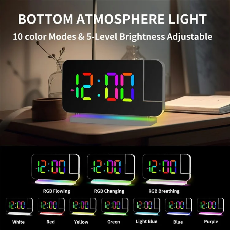 EN8853B Mirror Display RGB Digital Alarm Clock with Adjustable Brightness and Dynamic Color Modes - White