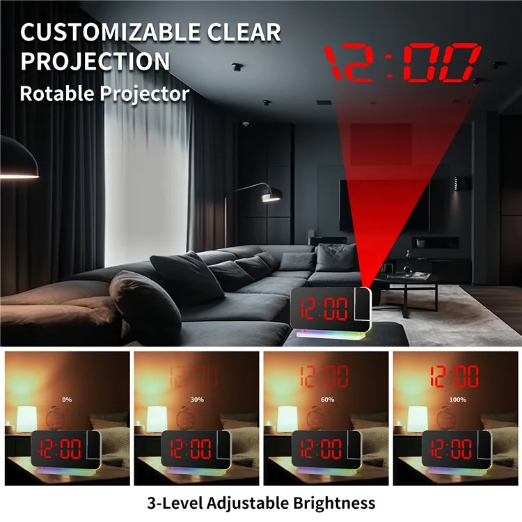 EN8853B Mirror Display RGB Digital Alarm Clock with Adjustable Brightness and Dynamic Color Modes - White