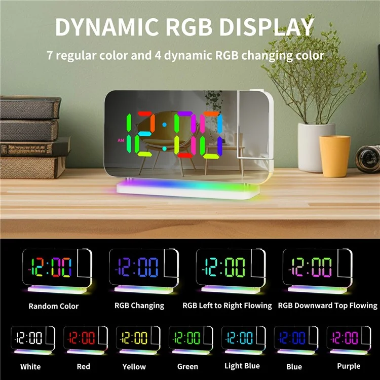EN8853B Mirror Display RGB Digital Alarm Clock with Adjustable Brightness and Dynamic Color Modes - White