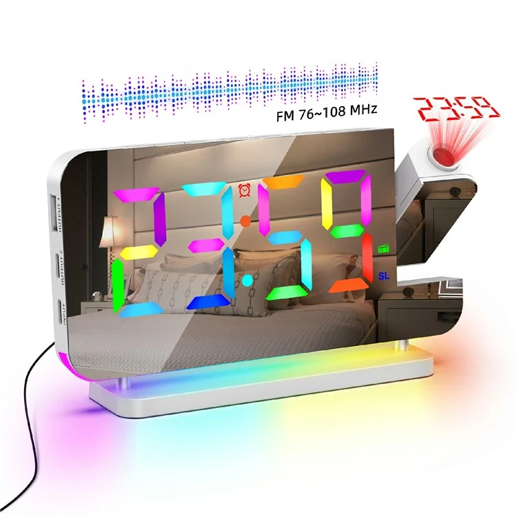 EN8853-C Bunte Nachttischlampe FM-Radio Projektionsuhr LED elektronische Weckuhr - Weiß