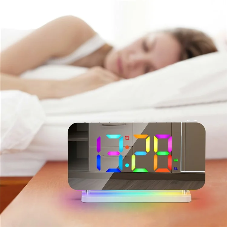 EN8853-C Bunte Nachttischlampe FM-Radio Projektionsuhr LED elektronische Weckuhr - Weiß