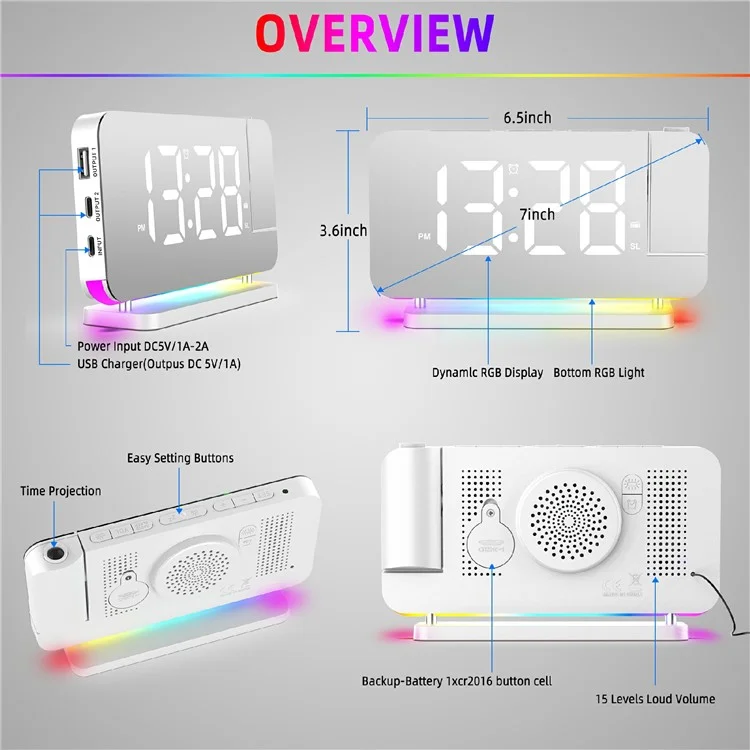 EN8853-C Bunte Nachttischlampe FM-Radio Projektionsuhr LED elektronische Weckuhr - Weiß