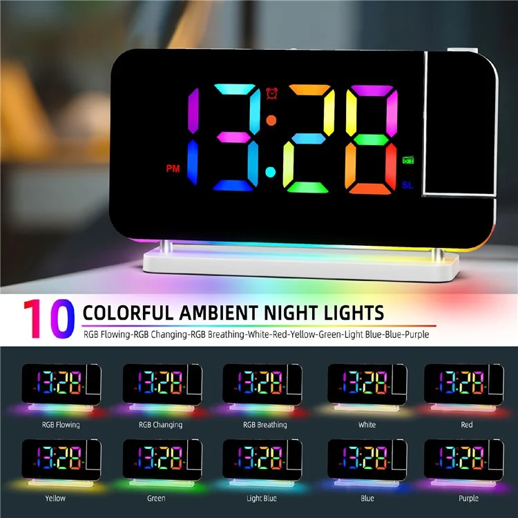 EN8853-C Bunte Nachttischlampe FM-Radio Projektionsuhr LED elektronische Weckuhr - Weiß