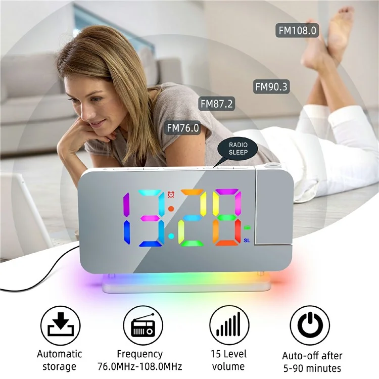 EN8853-C Bunte Nachttischlampe FM-Radio Projektionsuhr LED elektronische Weckuhr - Weiß