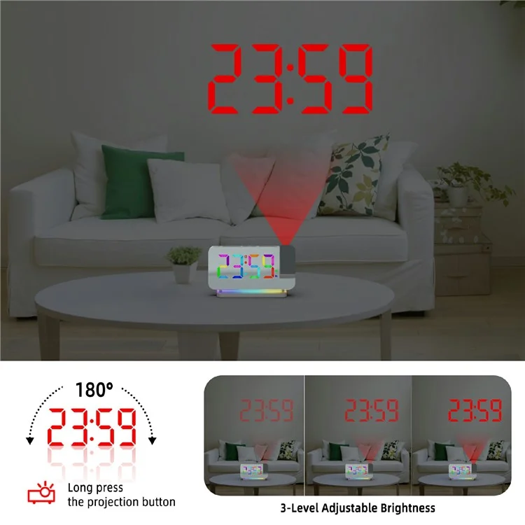 EN8853-C Bunte Nachttischlampe FM-Radio Projektionsuhr LED elektronische Weckuhr - Weiß