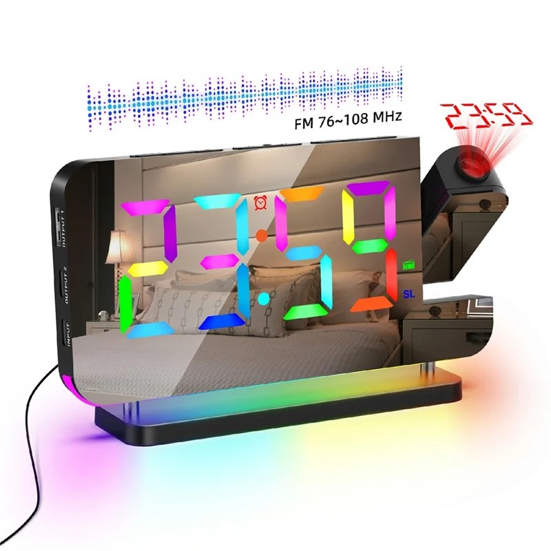 EN8853-C Colorful Night Light FM Radio Projection Clock LED Electronic Alarm Clock - Black