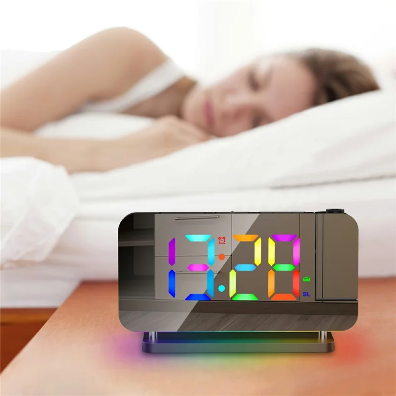 EN8853-C Colorful Night Light FM Radio Projection Clock LED Electronic Alarm Clock - Black