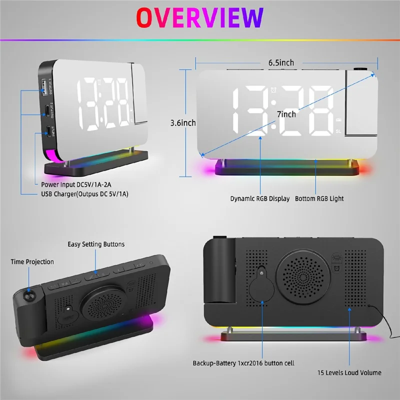 EN8853-C Colorful Night Light FM Radio Projection Clock LED Electronic Alarm Clock - Black
