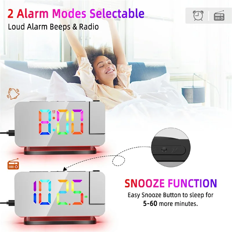 EN8853-C Colorful Night Light FM Radio Projection Clock LED Electronic Alarm Clock - Black