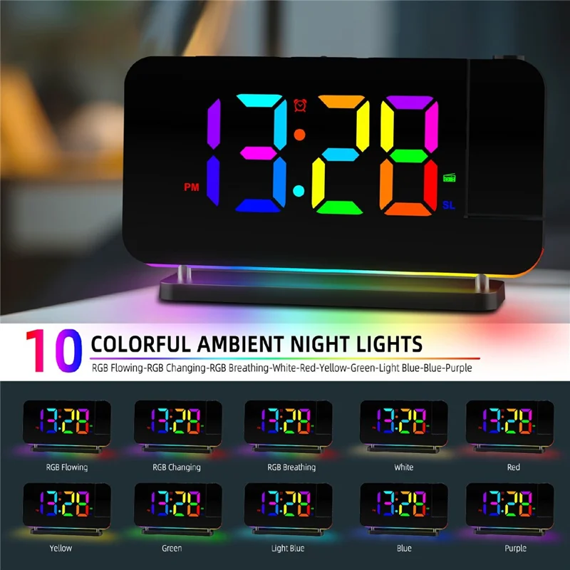 EN8853-C Colorful Night Light FM Radio Projection Clock LED Electronic Alarm Clock - Black