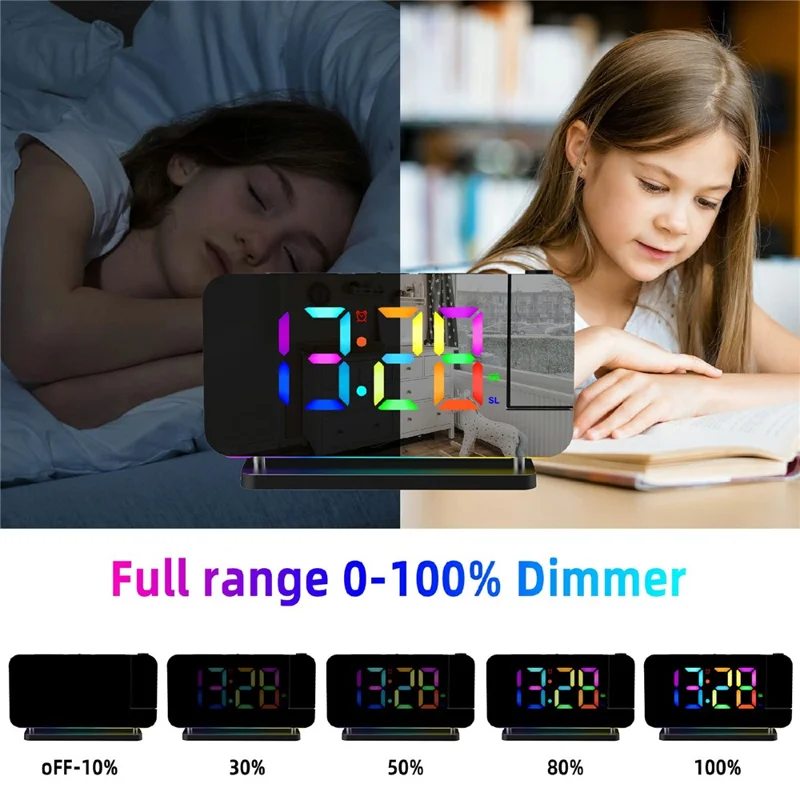 EN8853-C Colorful Night Light FM Radio Projection Clock LED Electronic Alarm Clock - Black