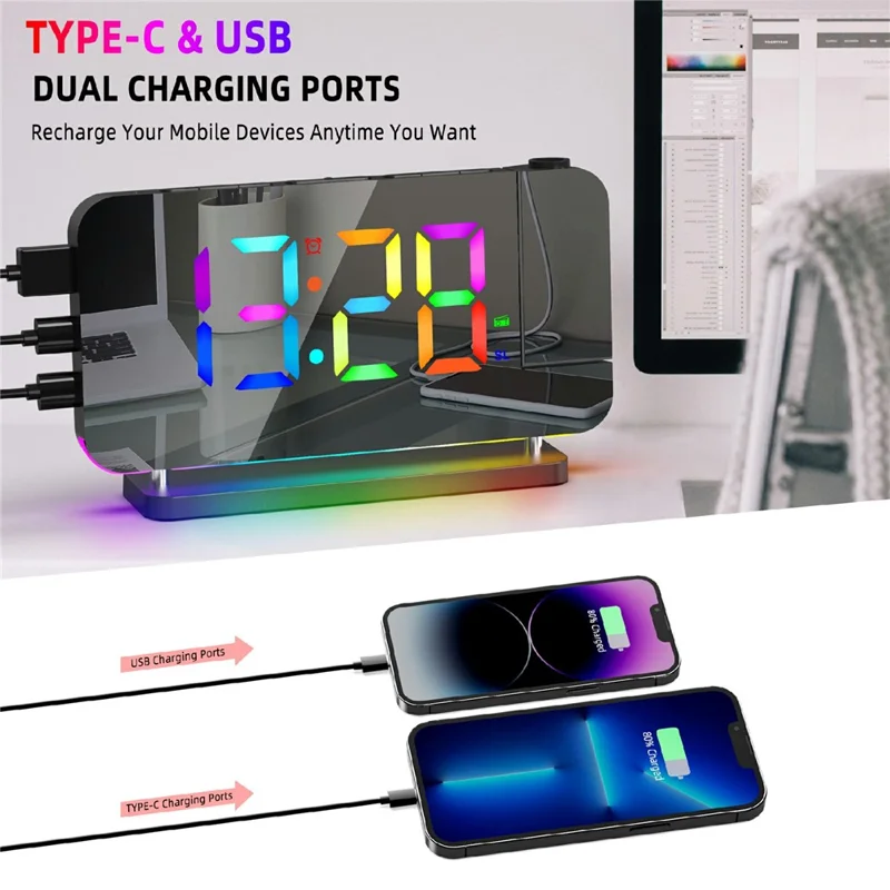 EN8853-C Colorful Night Light FM Radio Projection Clock LED Electronic Alarm Clock - Black