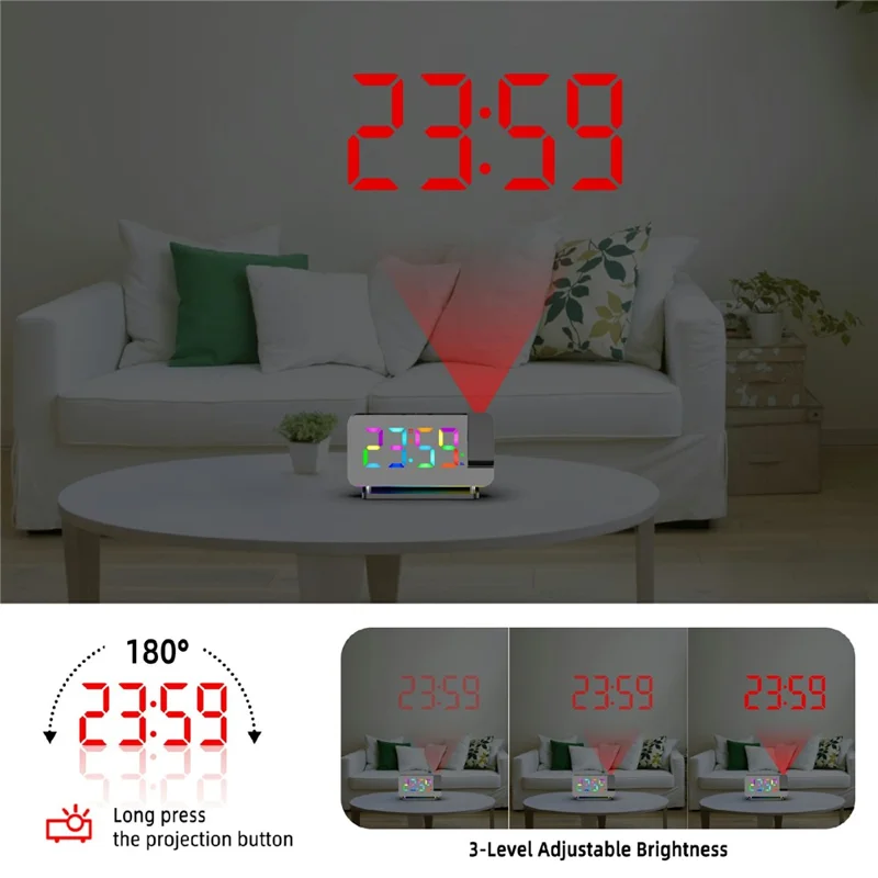 EN8853-C Colorful Night Light FM Radio Projection Clock LED Electronic Alarm Clock - Black