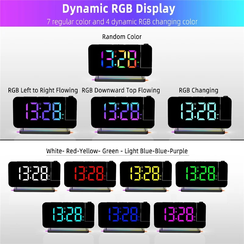 EN8853-C Colorful Night Light FM Radio Projection Clock LED Electronic Alarm Clock - Black