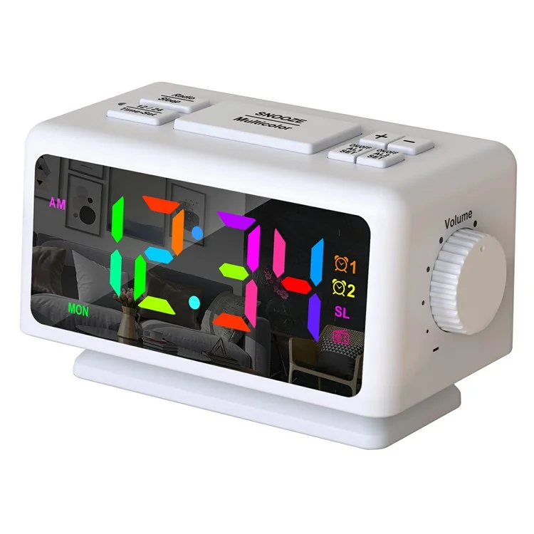 EN8852-RGB FM-Radiowecker mit farbigem LED-Spiegeldisplay, Schreibtisch-Elektronikuhr - Elfenbeinweiß