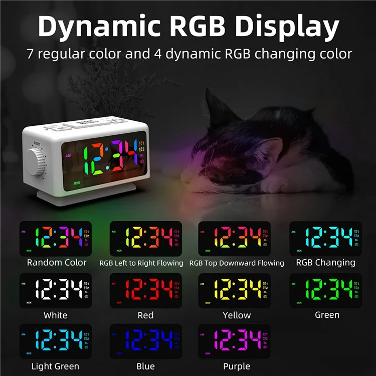 EN8852-RGB FM-Radiowecker mit farbigem LED-Spiegeldisplay, Schreibtisch-Elektronikuhr - Elfenbeinweiß