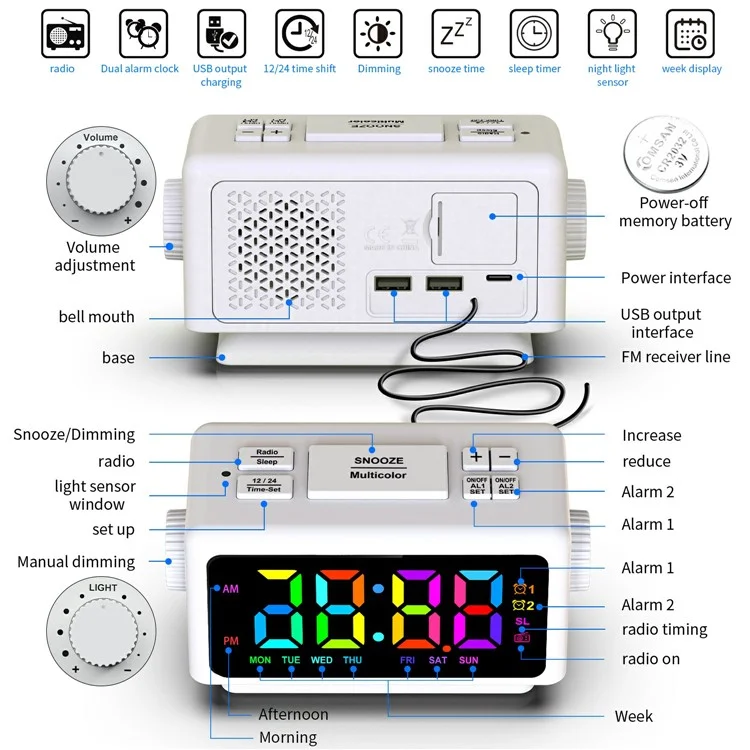 EN8852-RGB FM-Radiowecker mit farbigem LED-Spiegeldisplay, Schreibtisch-Elektronikuhr - Elfenbeinweiß