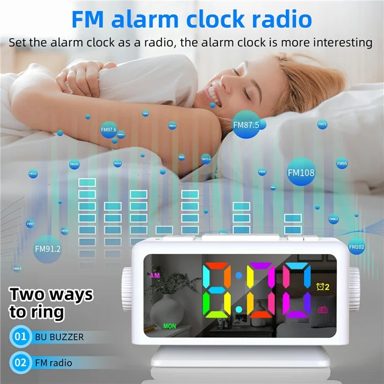 EN8852-RGB FM-Radiowecker mit farbigem LED-Spiegeldisplay, Schreibtisch-Elektronikuhr - Elfenbeinweiß