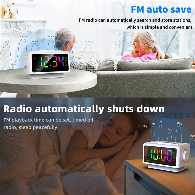 EN8852-RGB FM-Radiowecker mit farbigem LED-Spiegeldisplay, Schreibtisch-Elektronikuhr - Elfenbeinweiß
