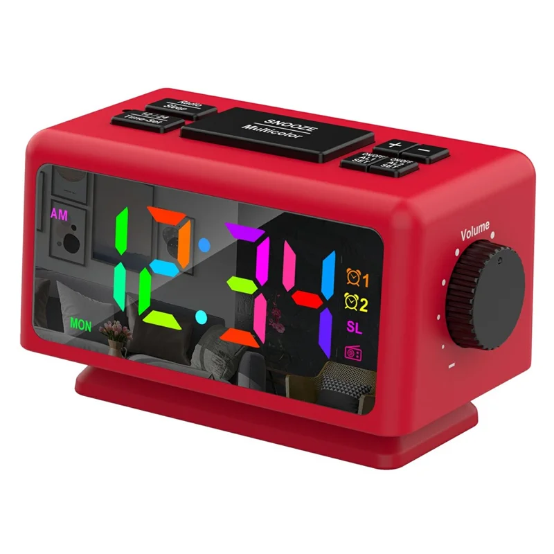 EN8852-RGB FM Radio Alarm Clock Colorful LED Mirror Surface Desktop Electronic Clock - Red+Black