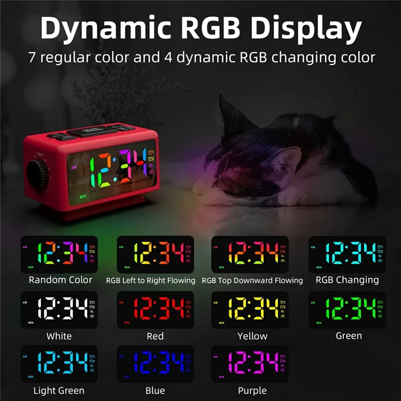 EN8852-RGB FM Radio Alarm Clock Colorful LED Mirror Surface Desktop Electronic Clock - Red+Black