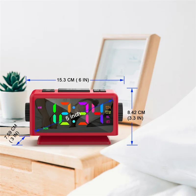 EN8852-RGB FM Radio Alarm Clock Colorful LED Mirror Surface Desktop Electronic Clock - Red+Black