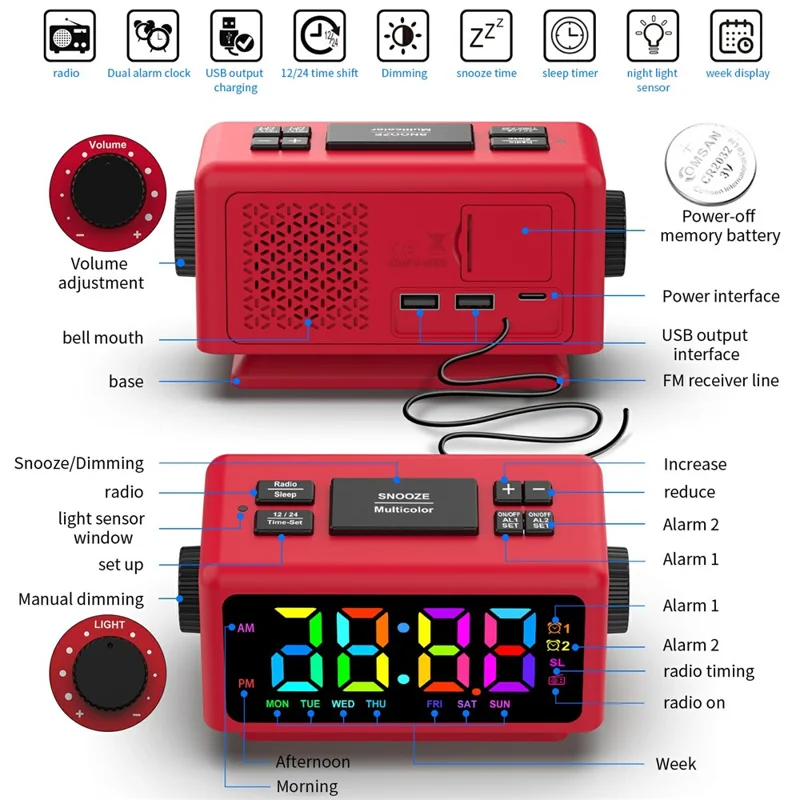 EN8852-RGB FM Radio Alarm Clock Colorful LED Mirror Surface Desktop Electronic Clock - Red+Black