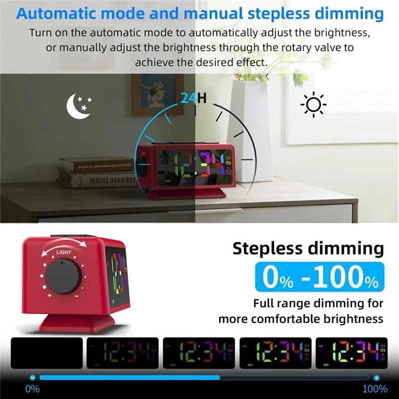 EN8852-RGB FM Radio Alarm Clock Colorful LED Mirror Surface Desktop Electronic Clock - Red+Black