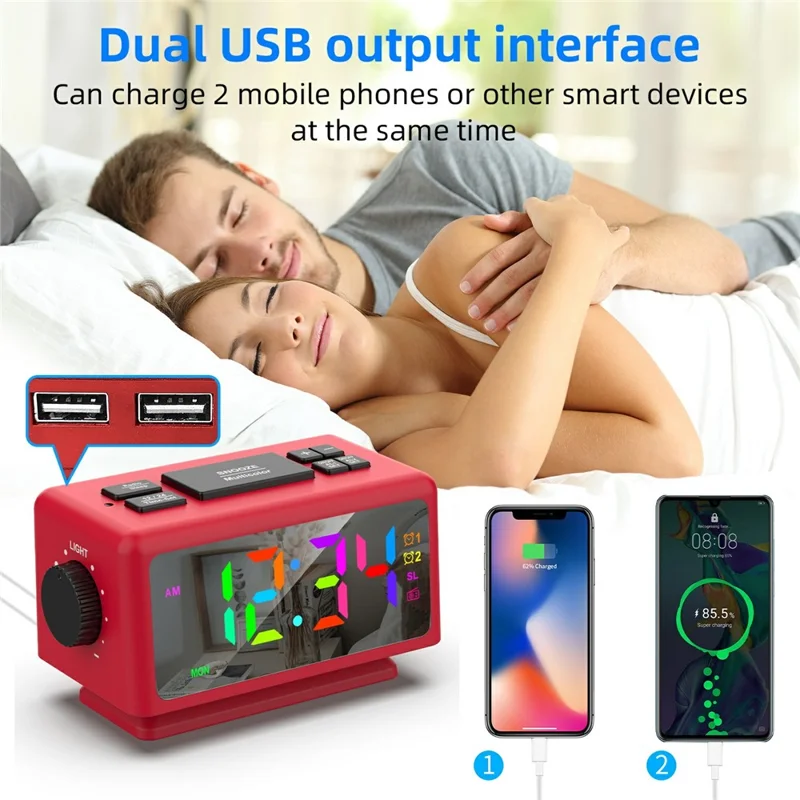 EN8852-RGB FM Radio Alarm Clock Colorful LED Mirror Surface Desktop Electronic Clock - Red+Black