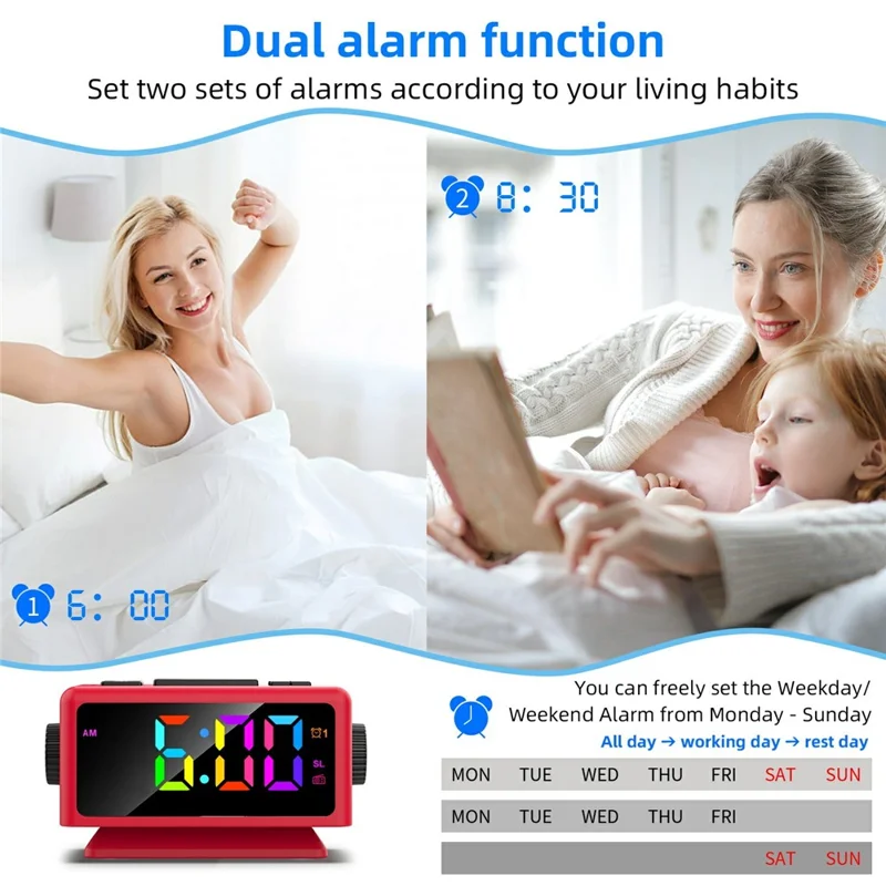 EN8852-RGB FM Radio Alarm Clock Colorful LED Mirror Surface Desktop Electronic Clock - Red+Black
