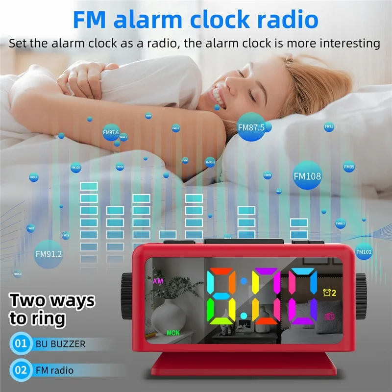 EN8852-RGB FM Radio Alarm Clock Colorful LED Mirror Surface Desktop Electronic Clock - Red+Black