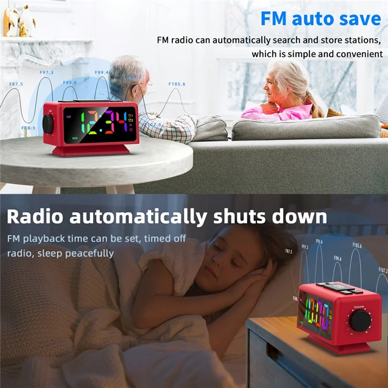 EN8852-RGB FM Radio Alarm Clock Colorful LED Mirror Surface Desktop Electronic Clock - Red+Black