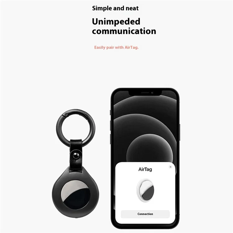 Funda para Apple AirTag de aleación de zinc y cuero de vaca con hebilla de anillo y localizador - Negro