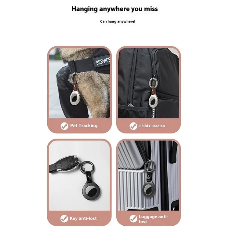 Funda para Apple AirTag de aleación de zinc y cuero de vaca con hebilla de anillo y localizador - Negro