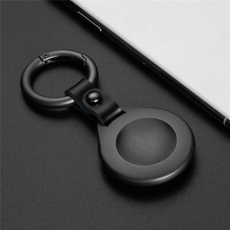Funda para Apple AirTag de aleación de zinc y cuero de vaca con hebilla de anillo y localizador - Negro