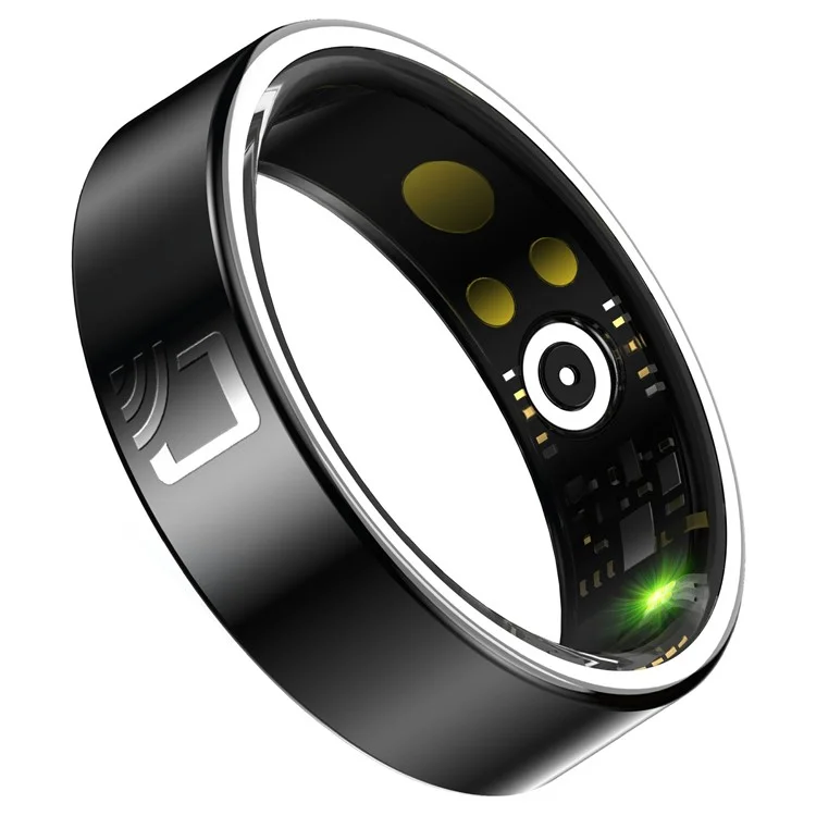 R20 Ceramic+Resin Sleep Heart Rate Health Monitoring Smart Ring, Magnetic Cable Charging - Black / Size 7