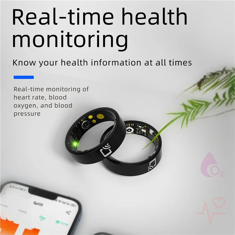 R20 Ceramic+Resin Sleep Heart Rate Health Monitoring Smart Ring, Magnetic Cable Charging - Black / Size 7