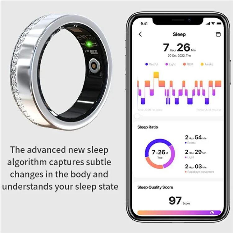 Anel inteligente com monitoramento de frequência cardíaca, decoração de strass V8 e estojo de carregamento - Prata / Tamanho 7
