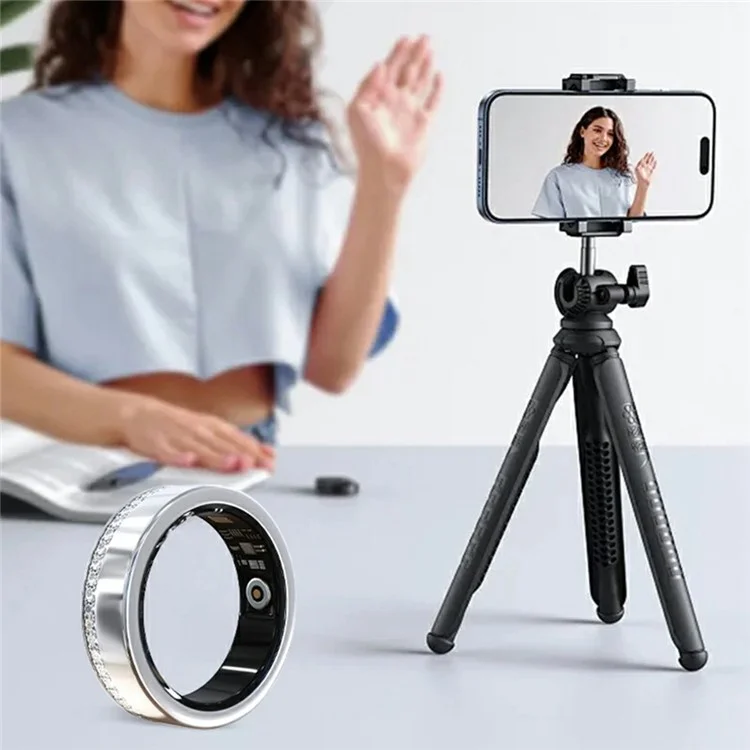 Anel inteligente com monitoramento de frequência cardíaca, decoração de strass V8 e estojo de carregamento - Prata / Tamanho 7