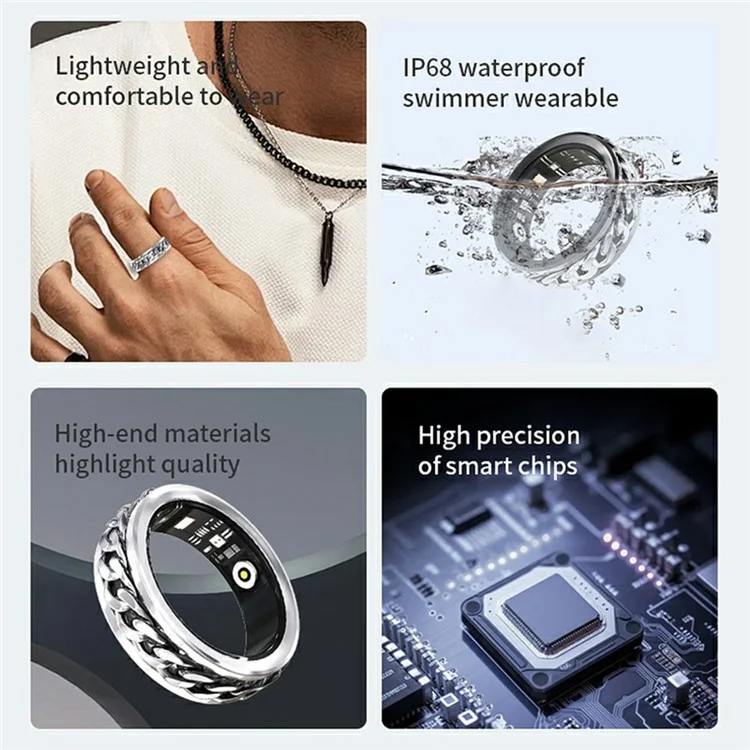Anneau intelligent multifonction V5 avec rotation, décompression et surveillance de la santé, avec étui de chargement - Noir / Taille 10