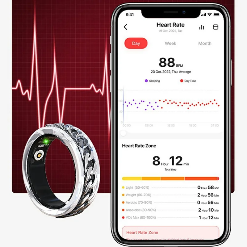 V5 Rotation Decompression Health Monitoring Multi-Function Smart Ring with Charging Case - Black / Size 12
