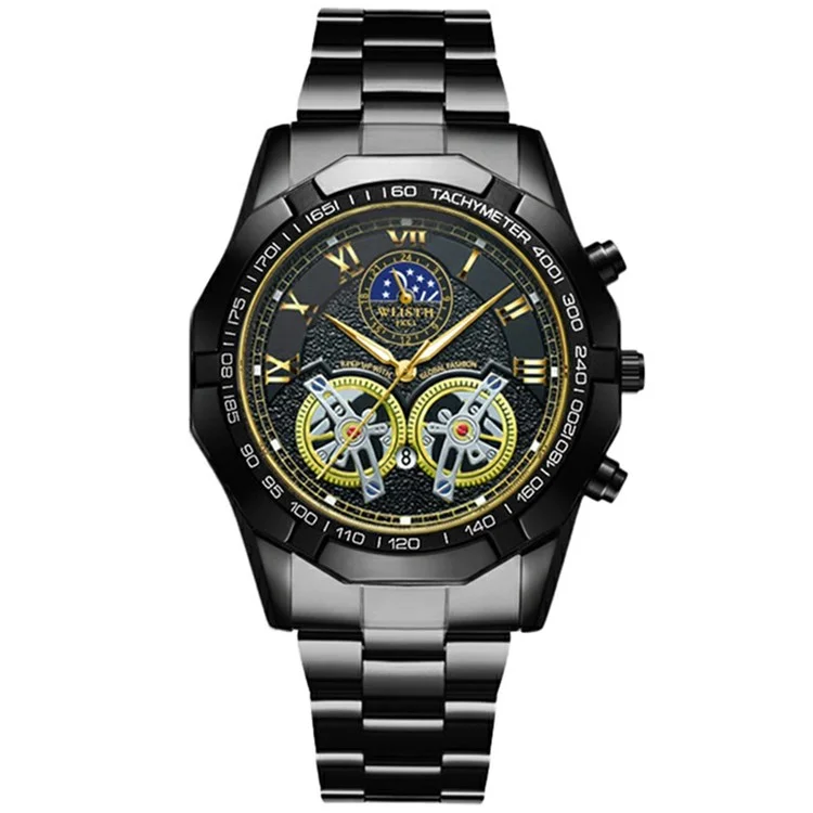 WLISTH 6189 Stylish Business Wrist Watch Steel Band Luminous Quartz Watch - Black+Rose Gold Dial / Black Strap