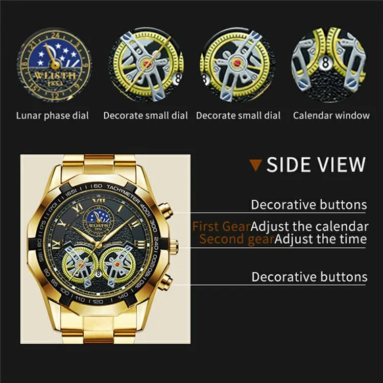WLISTH 6189 Stylish Business Wrist Watch Steel Band Luminous Quartz Watch - Black+Rose Gold Dial / Black Strap