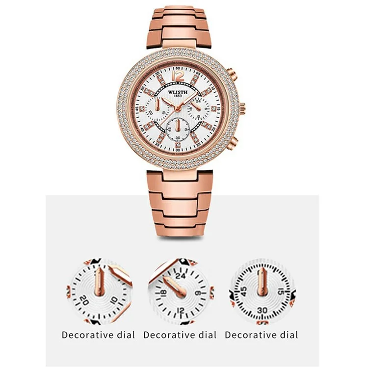 WLISTH 6197 Relógio de pulso feminino de quartzo com decoração de strass, luminoso e de formato redondo - Mostrador dourado-rosado