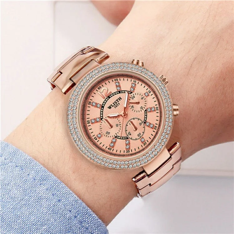 WLISTH 6197 Relógio de pulso feminino de quartzo com decoração de strass, luminoso e de formato redondo - Mostrador dourado-rosado